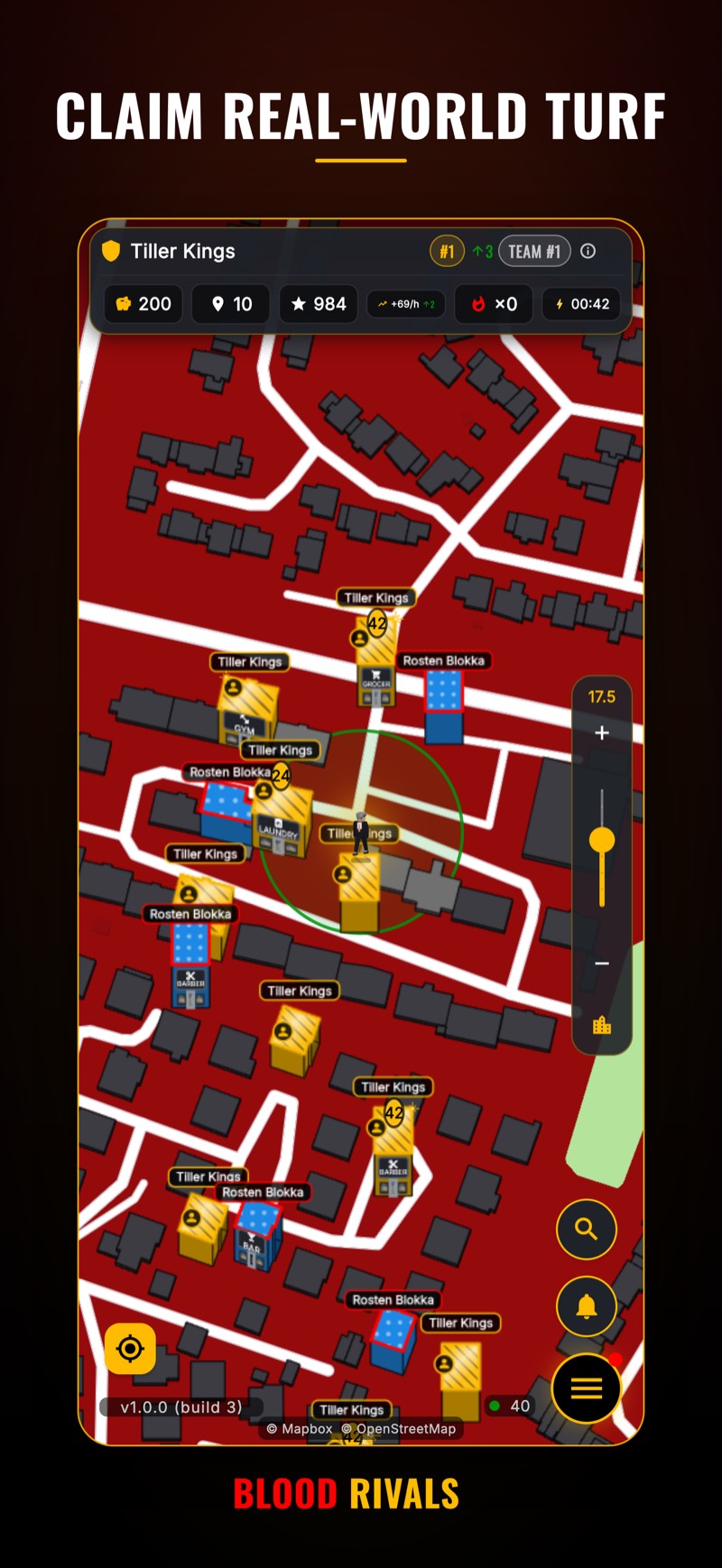 The live map: real streets, claimed and colour-coded by team